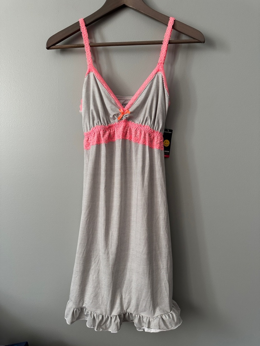Joe Boxer Medium Gray Stripe Chemise Nightgown with Pink Lace Trim NWT
